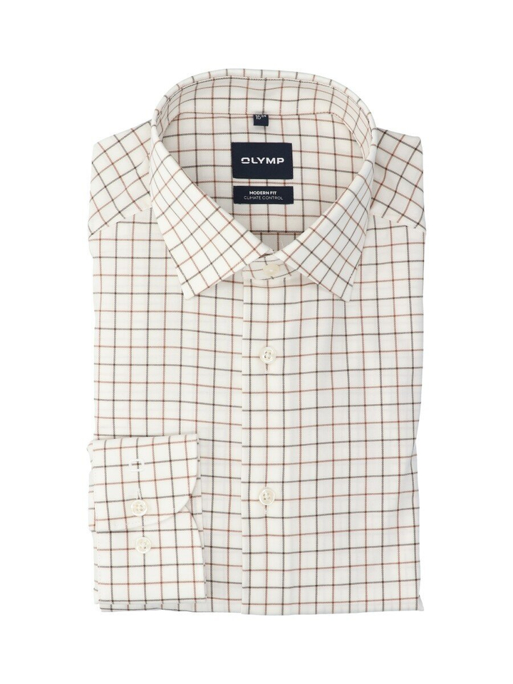 Wit hemld met bruin en groen ruit motief ( modern fit) met lange mouwen Olymp