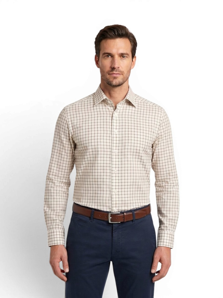 Wit hemd met bruin en groen ruit motief ( modern fit) met lange mouwen Olymp