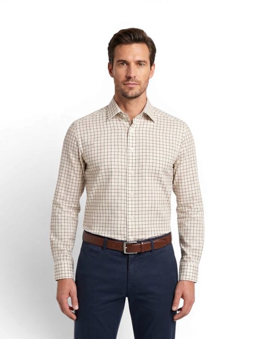 Wit hemd met bruin en groen ruit motief ( modern fit) met lange mouwen Olymp