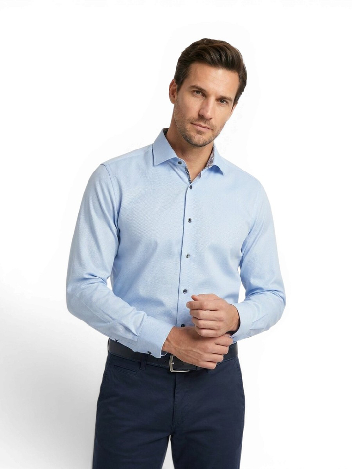 Blauw katoenen hemd ( body fit) met lange mouwen Olymp