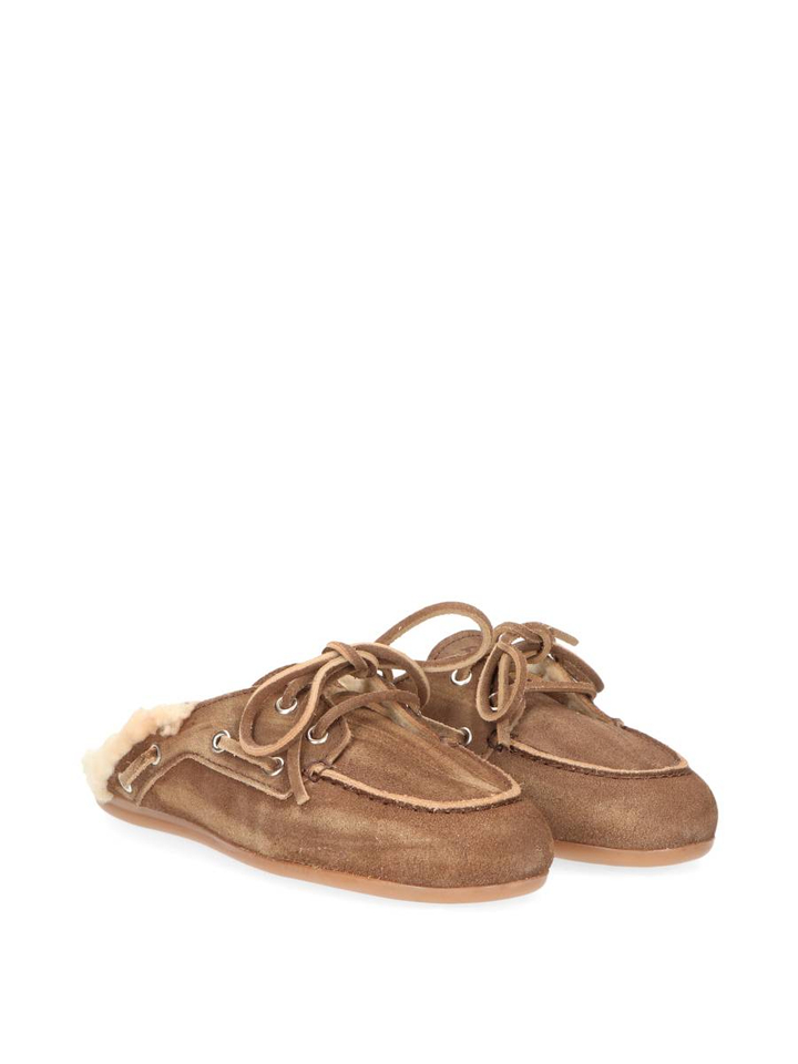 Donkerbruin boat loafer mule fur suede Posa 