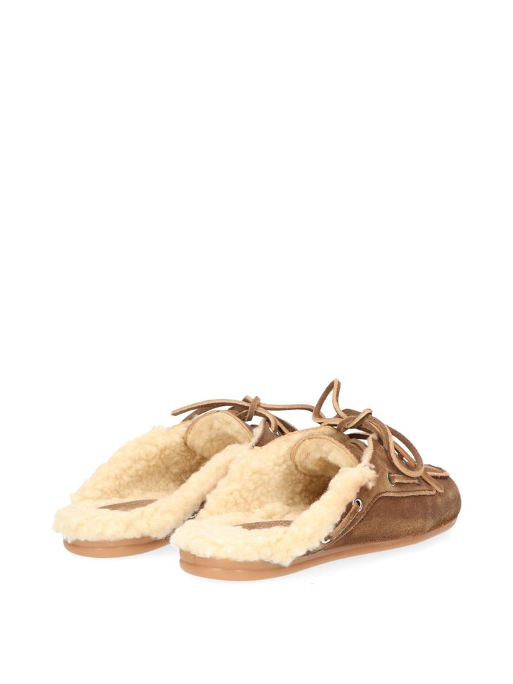 Donkerbruin boat loafer mule fur suede Posa 