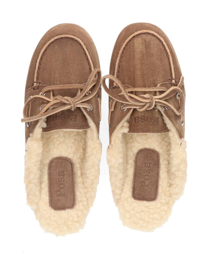 Donkerbruin boat loafer mule fur suede Posa 