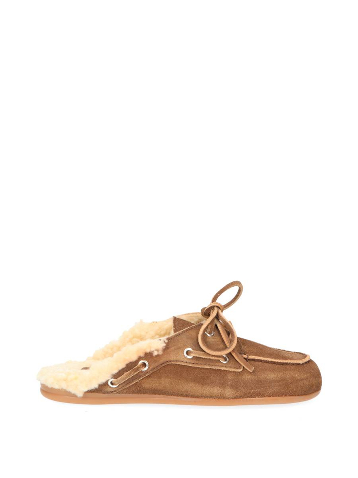 Donkerbruin boat loafer mule fur suede Posa 