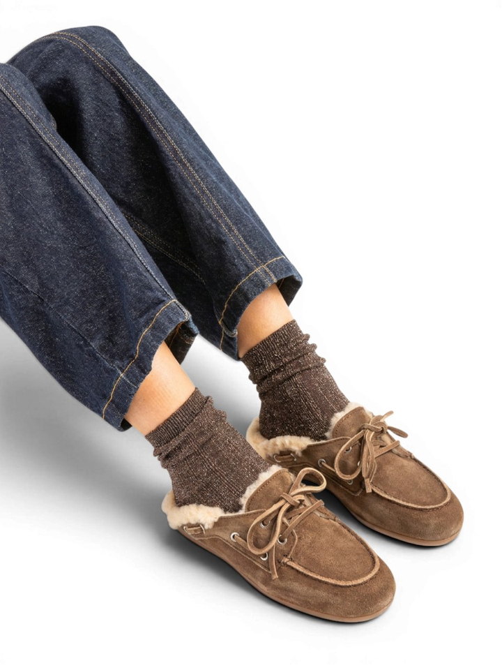 Donkerbruin boat loafer mule fur suede Posa 
