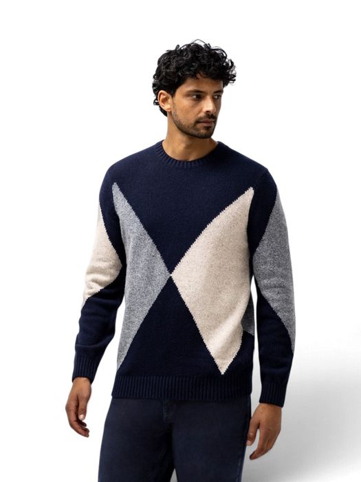 Blauwe multi-color trui met ruitpatroon State of Art