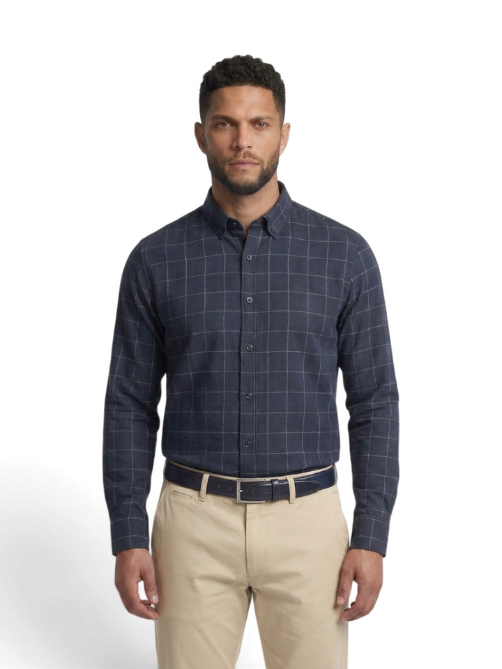 Donkerblauw katoenen hemd (regular fit) met ruiten en lange mouwen State Of Art