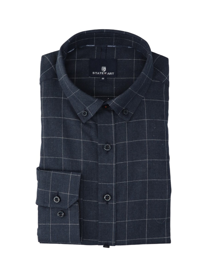 Donkerblauw katoenen hemd (regular fit) met ruiten en lange mouwen State Of Art