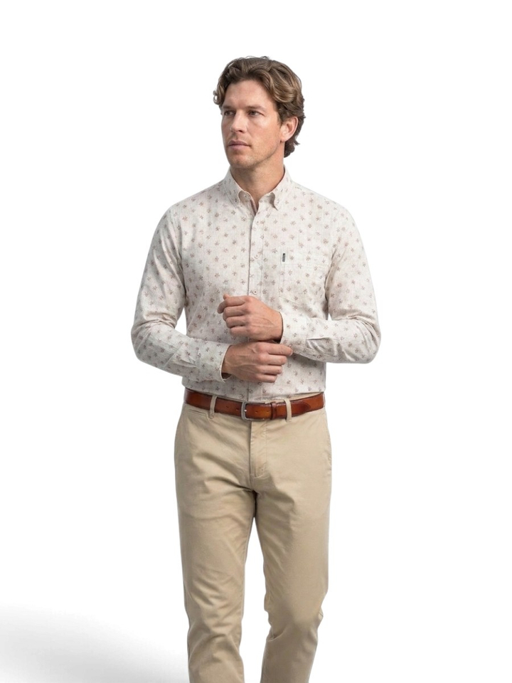 Beige hemd (regular fit) met bloemenprint en lange mouwen State Of Art 