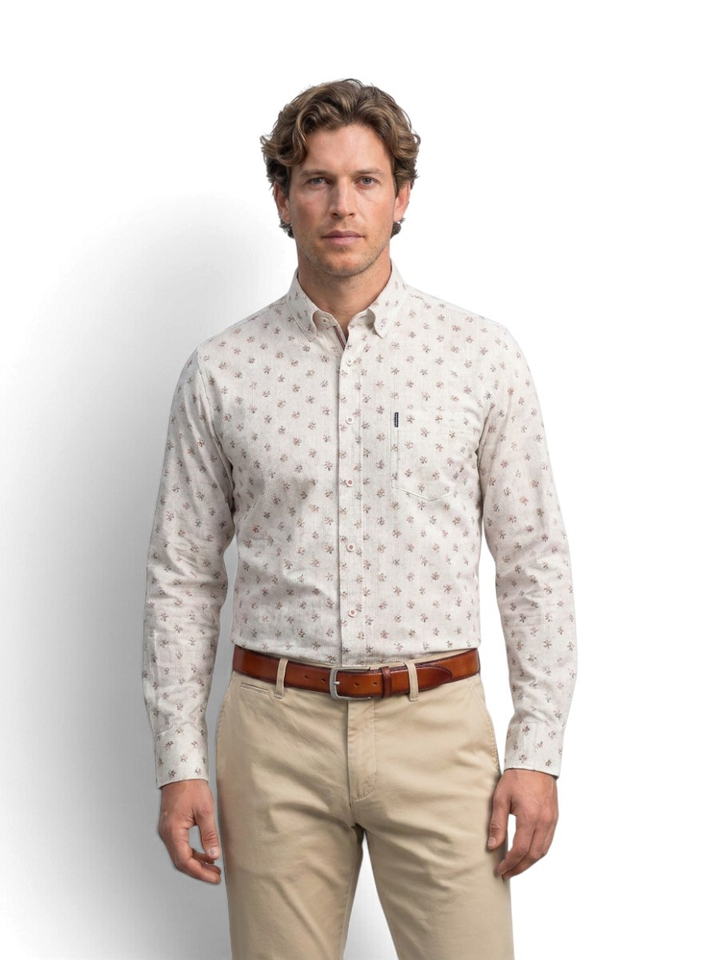 Beige hemd (regular fit) met bloemenprint en lange mouwen State Of Art 