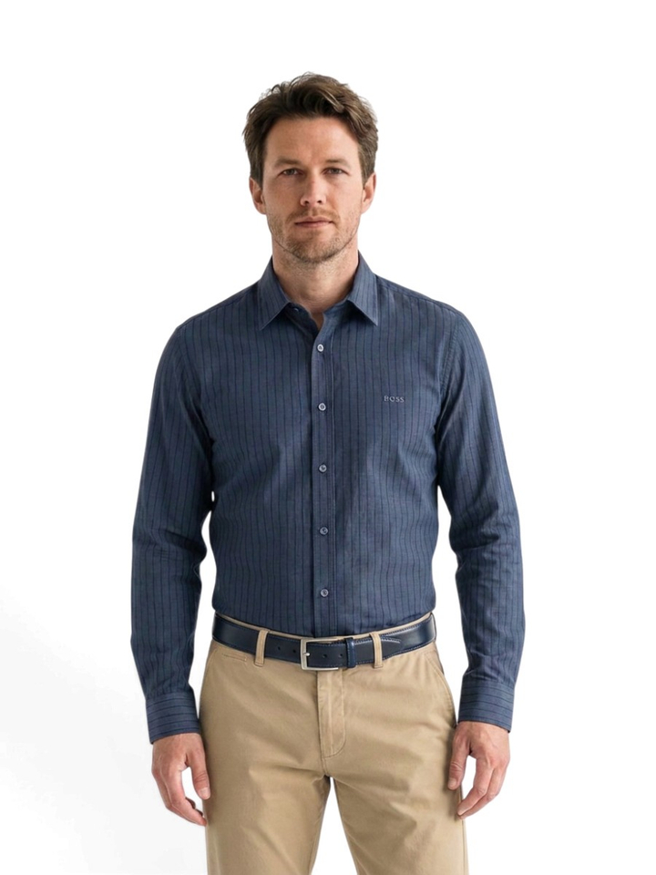 Donkerblauwe katoenen (regular fit) met strepen en lange mouwen Hugo Boss 