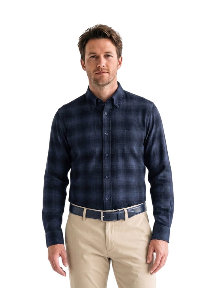 Donkerblauw katoenen hemd (regular fit) met ruiten en lange mouwen Rickert Hugo Boss