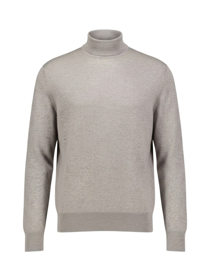 Taupe-bruine trui van extra fijne merinowol met hoge hals