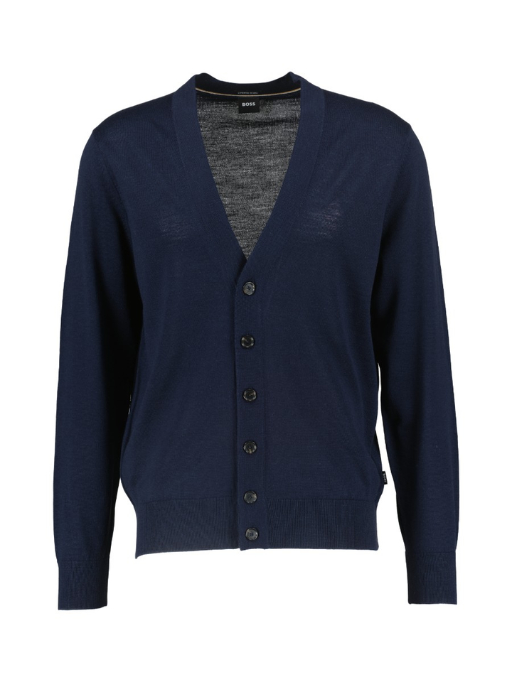 Donkerblauwe merinowollen cardigan met knoopsluiting Boss Black