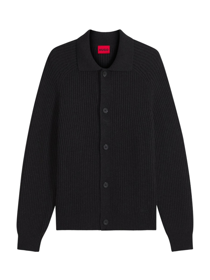 Zwarte pull met overhemdkraag van een scheerwolmix Hugo Boss 