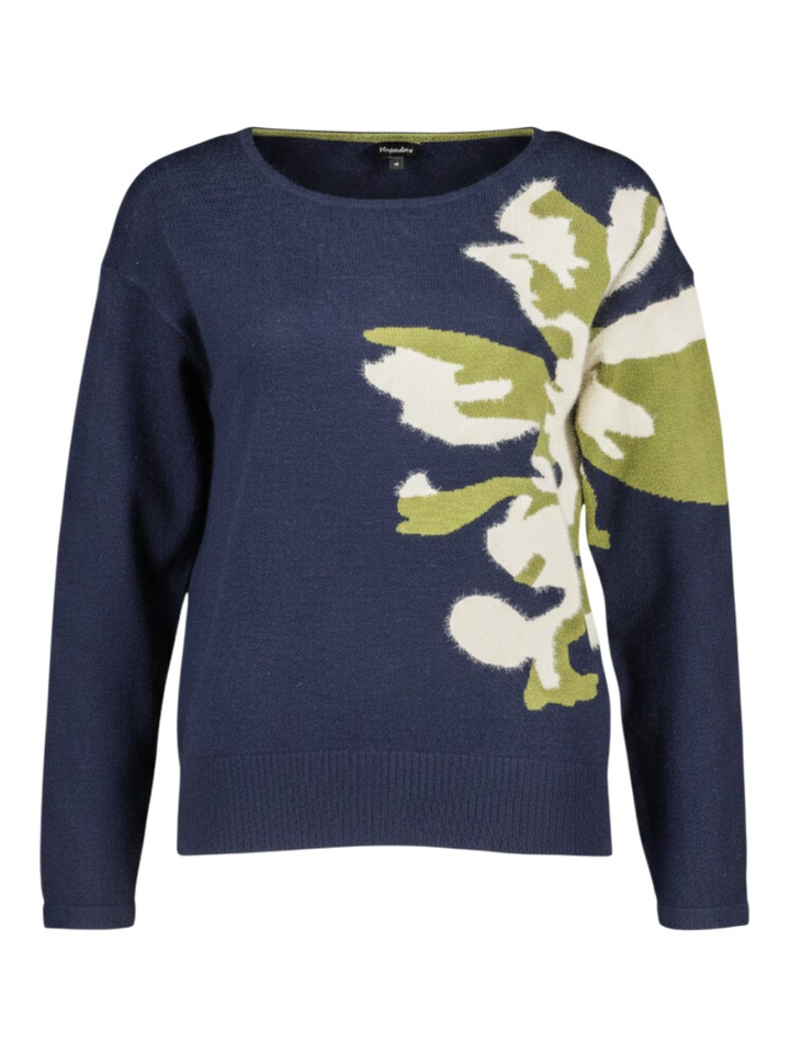 Donkerblauwe trui met beige en groene print Anjo Mayerline