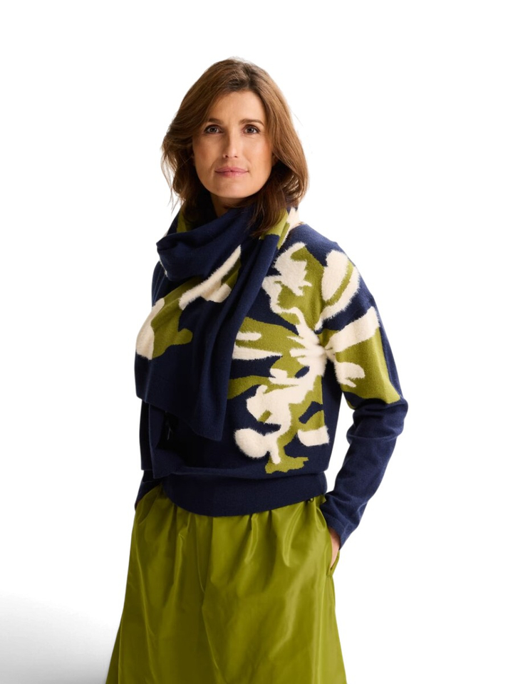 Donkerblauwe trui met beige en groene print Anjo Mayerline