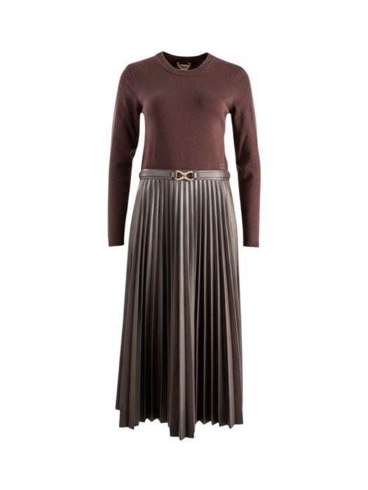 Donkerbruine lange jurk met lederdetail Twinset