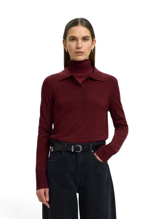 Bordeaux polo met lange mouw Selected