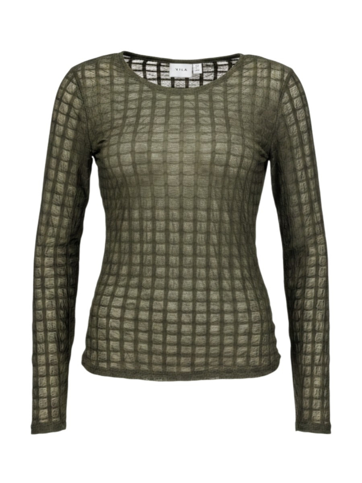 Forest night green transparante longsleeve met geblokt reliëfpatroon Vila