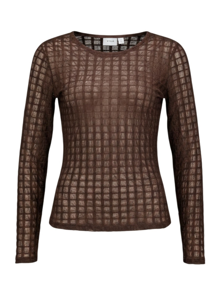 Coffee bean transparante longsleeve met geblokt reliëfpatroon Vila