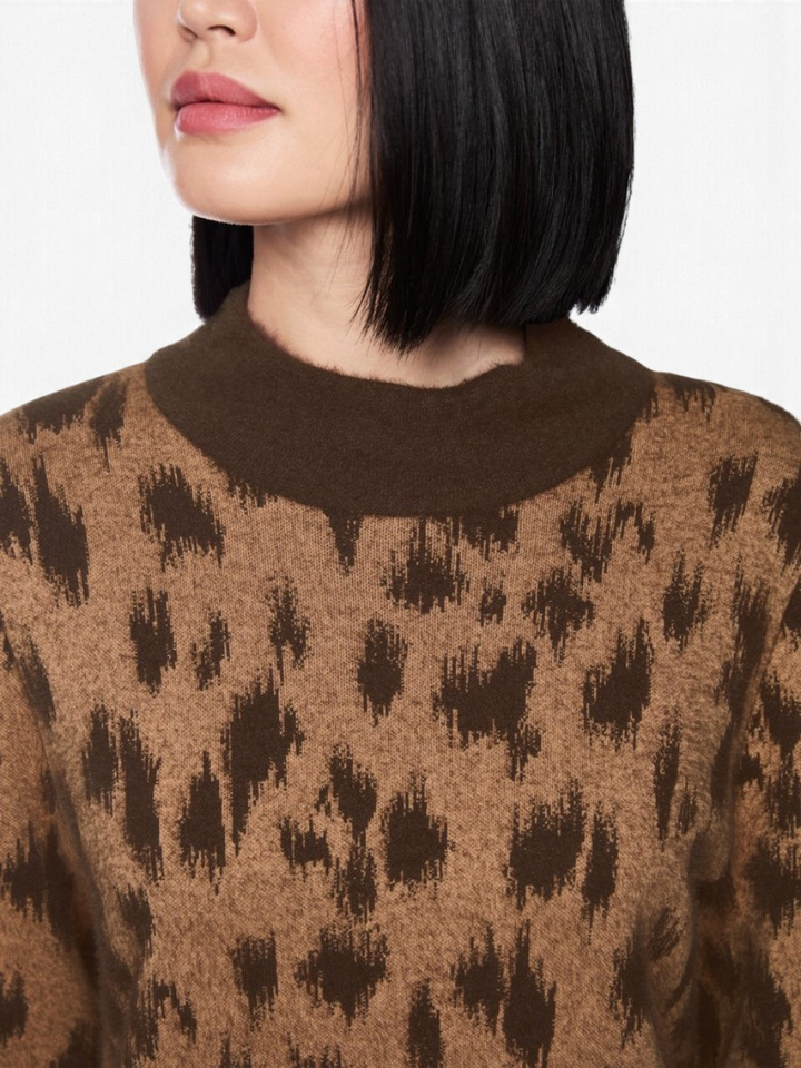 Lichtbruine jurk met lange mouwen in donkerbruine print Marc Cain sports