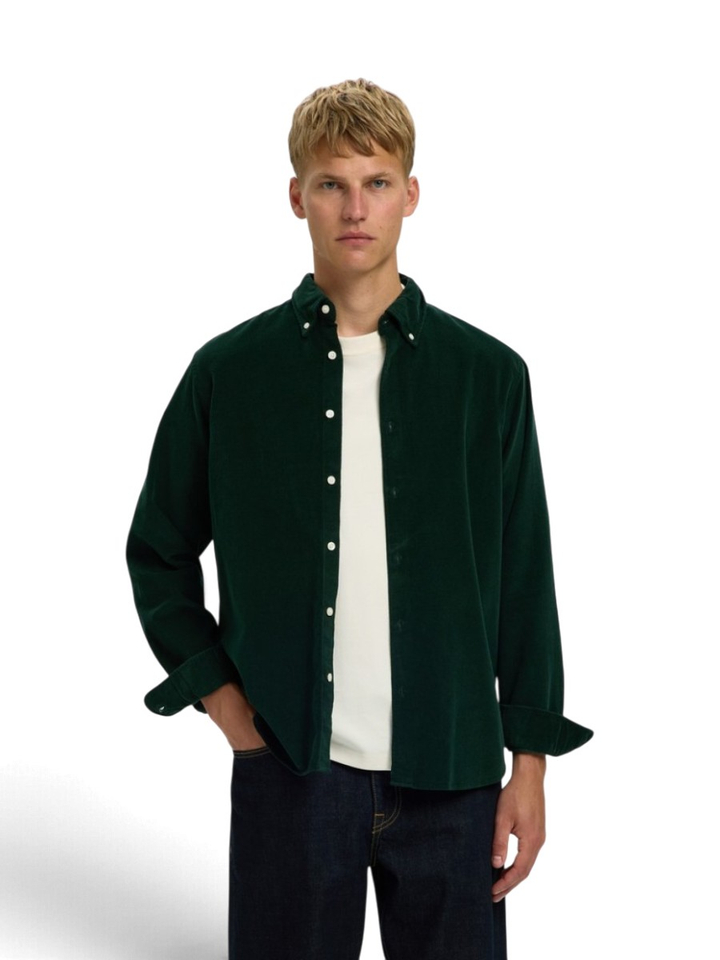 Groen ribfluwelen hemd Regular Fit Selected
