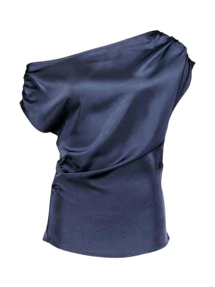 Nachtblauwe satijnlook top met stropdetail en boothals Mabelle Neo Noir