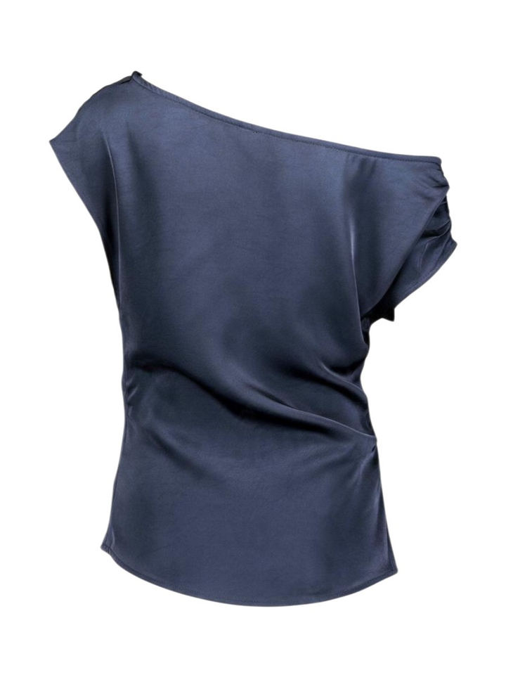 Nachtblauwe satijnlook top met stropdetail en boothals Mabelle Neo Noir