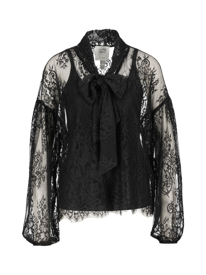 Zwarte kanten blouse met strikkraag Joseph Ribkoff
