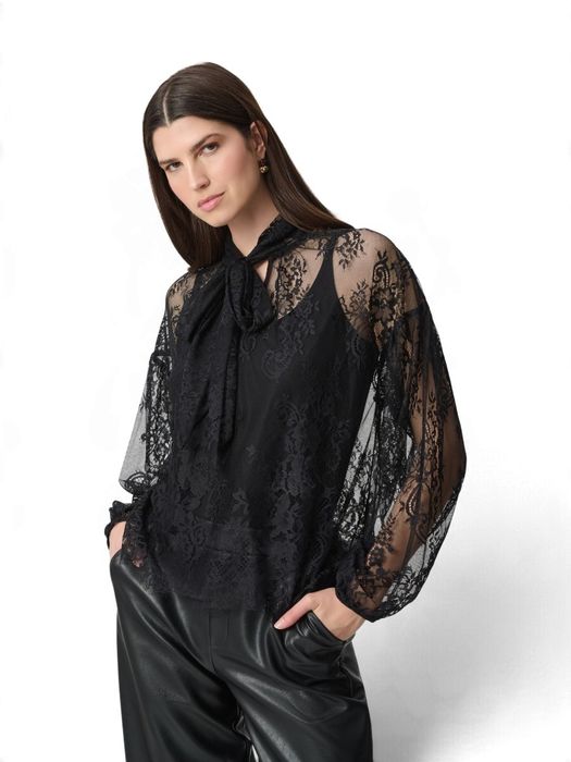 Zwarte kanten blouse met strikkraag Joseph Ribkoff