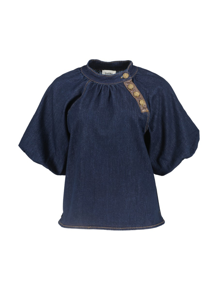 Donkerblauwe jeansblouse met lederen knoopdetail Joseph Ribkoff