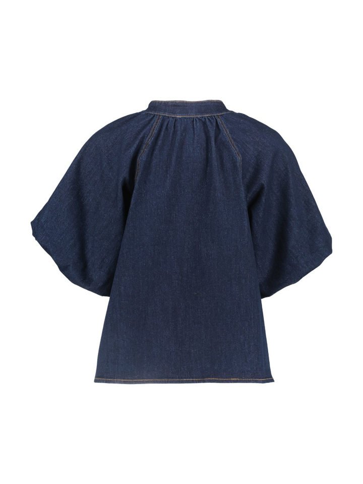Donkerblauwe jeansblouse met lederen knoopdetail Joseph Ribkoff