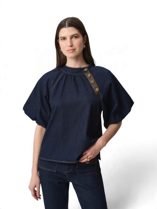 Donkerblauwe jeansblouse met lederen knoopdetail Joseph Ribkoff