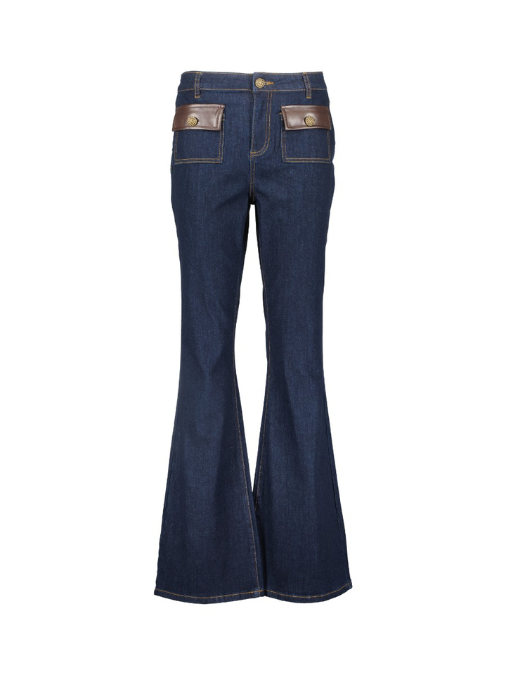 Donkerblauwe flared jeans met lederlook detail Joseph Ribkoff
