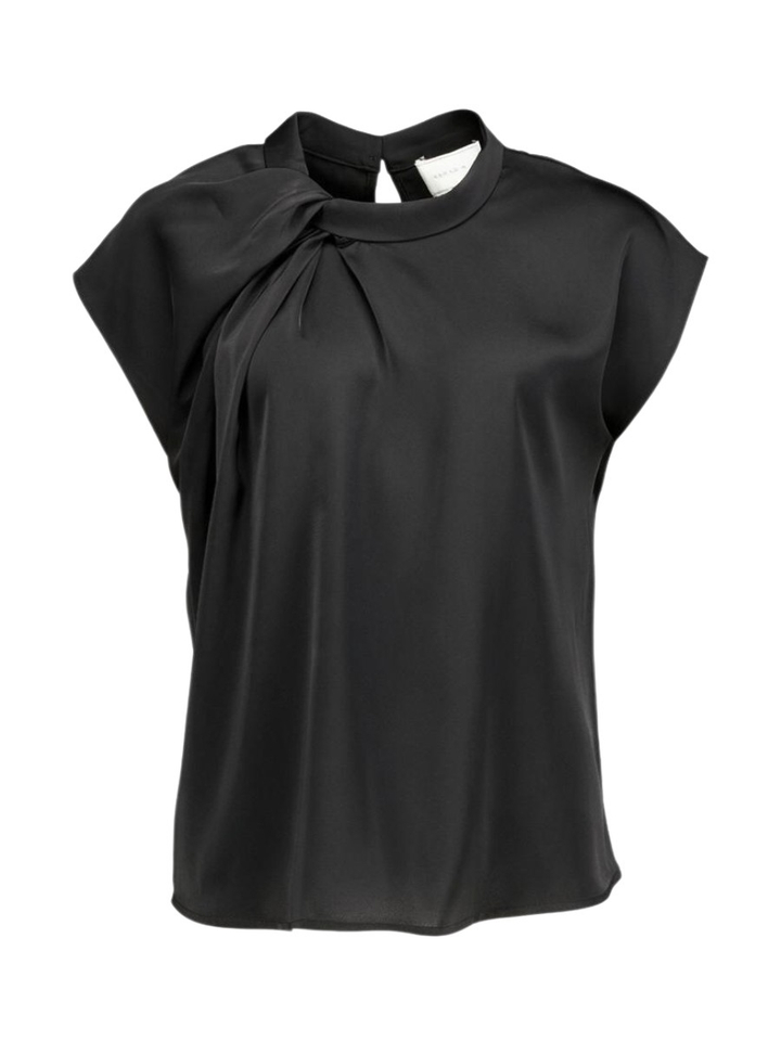 Zwarte klassieke blouse met korte mouw Fleur Drapy Satin Neo Noir