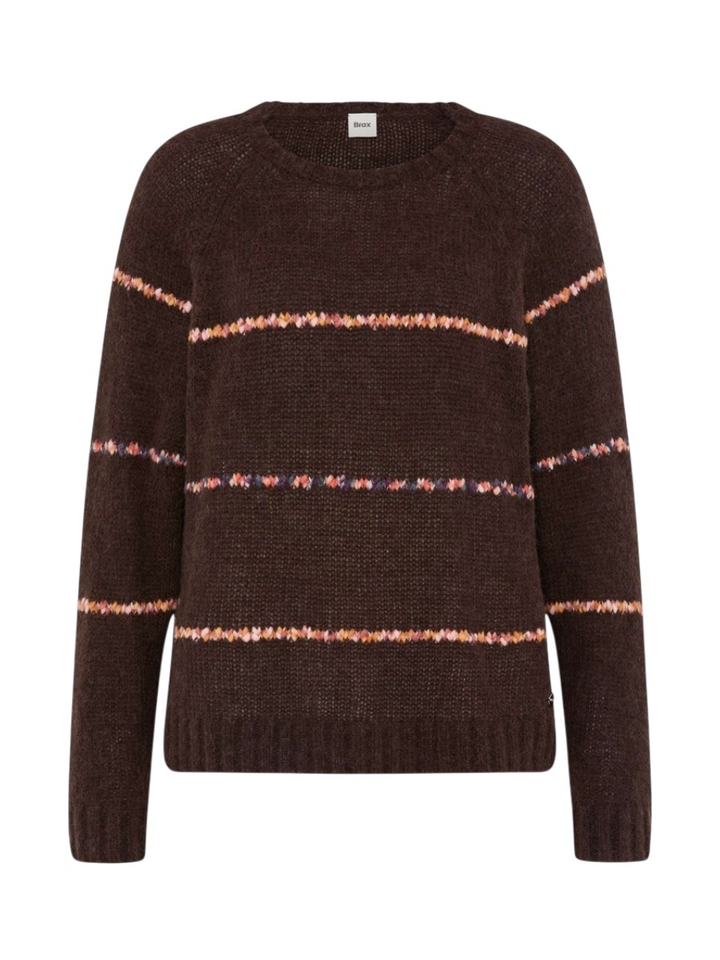 Donkerbruine wollen pull met kleurrijk streepmotief Brax