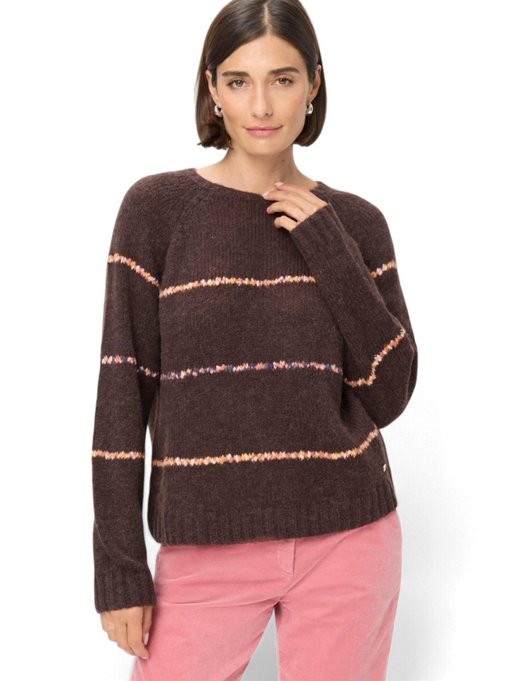 Donkerbruine wollen pull met kleurrijk streepmotief Brax