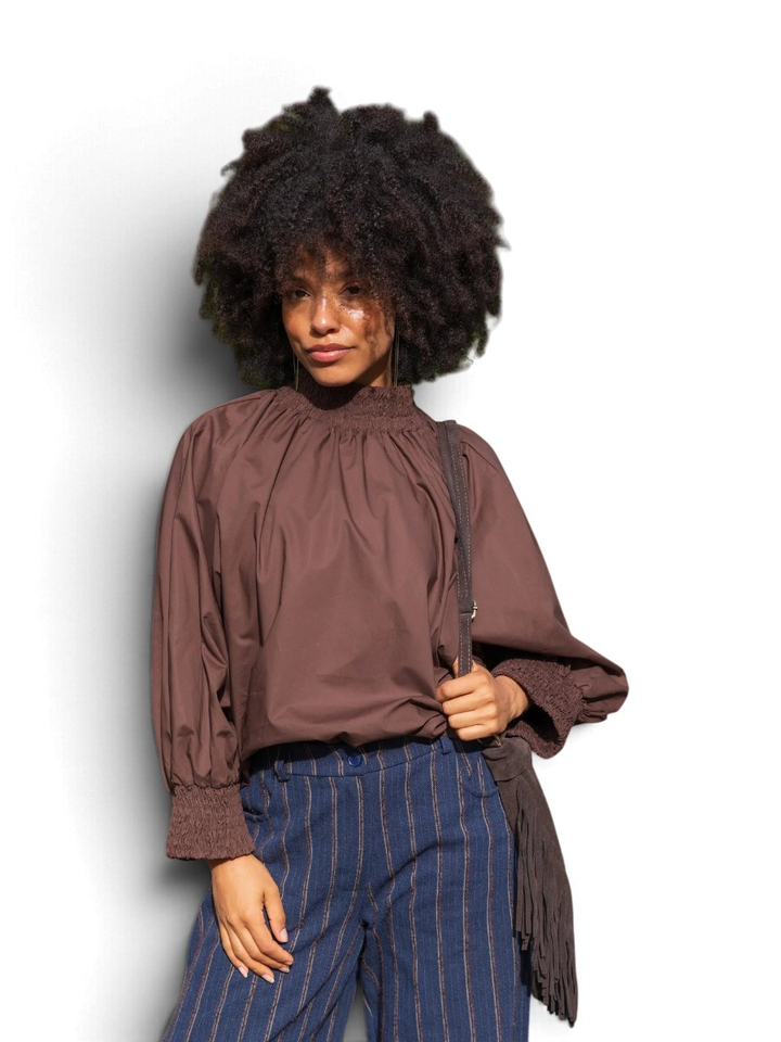 Bruine katoenen wijde blouse met brede mouwen Cam Lula Black Rose 