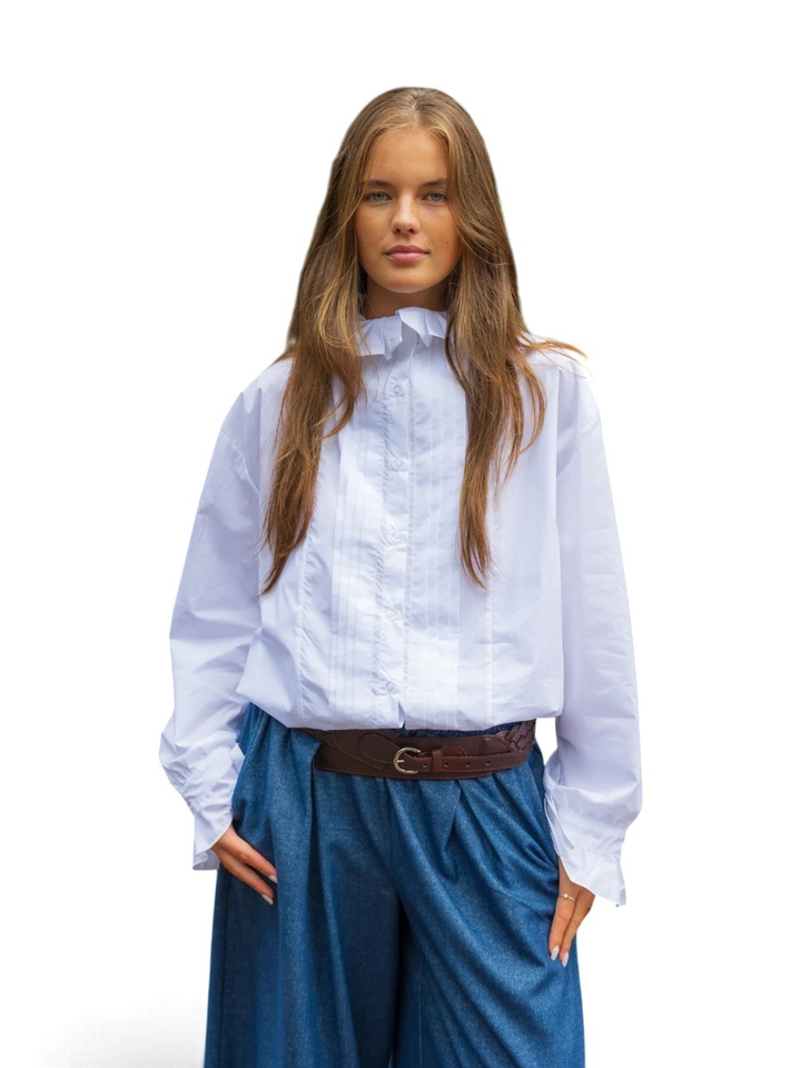 Witte katoenen blouse met frullen Cam Levi Black Rose