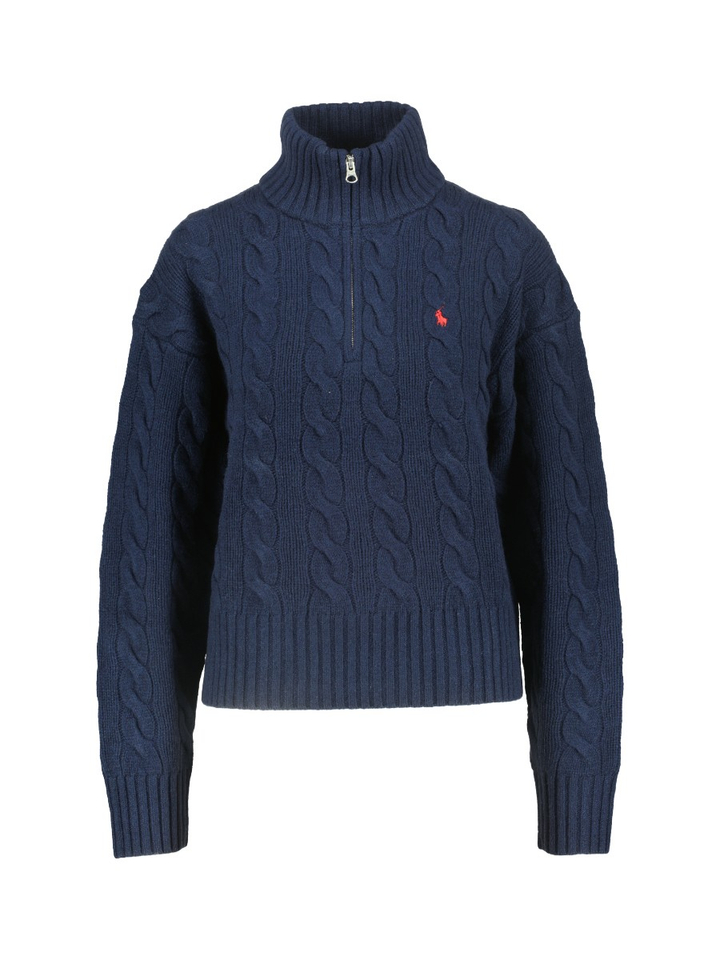 Blauwe wollen-kasjmier kabeltrui met halve rits Ralph Lauren