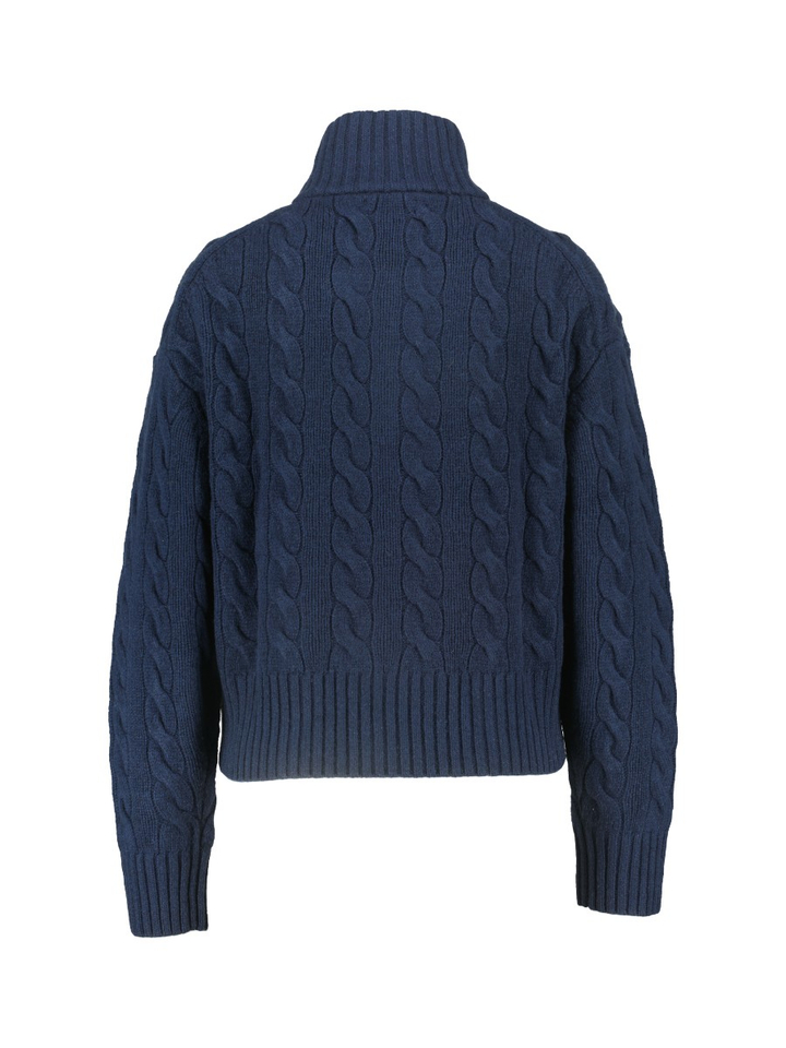 Blauwe wollen-kasjmier kabeltrui met halve rits Ralph Lauren
