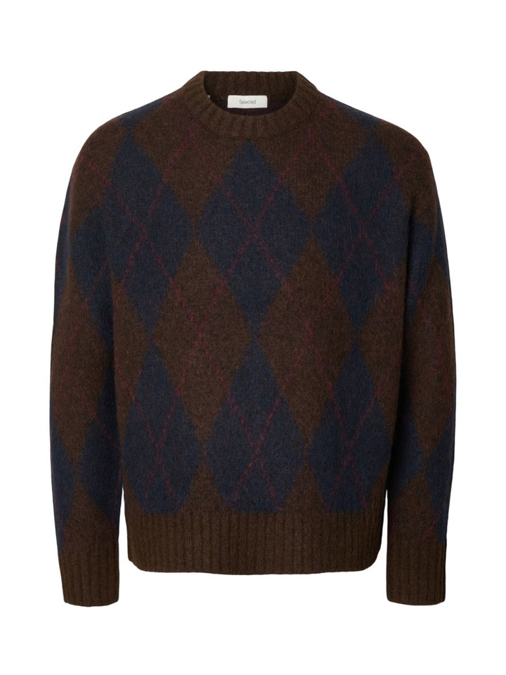 Bruin/donkerblauwe trui in ruitpatroon met diverse kleuren Selected 