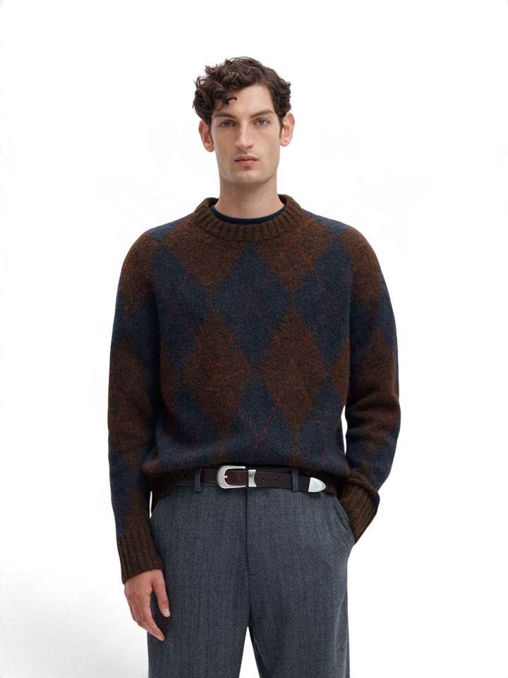 Bruin/donkerblauwe trui in ruitpatroon met diverse kleuren Selected 