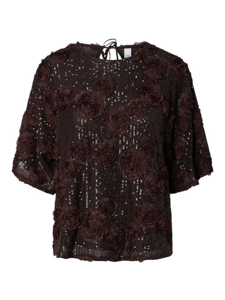 Bruine t-shirt met bloemen en pailletten Y.A.S.