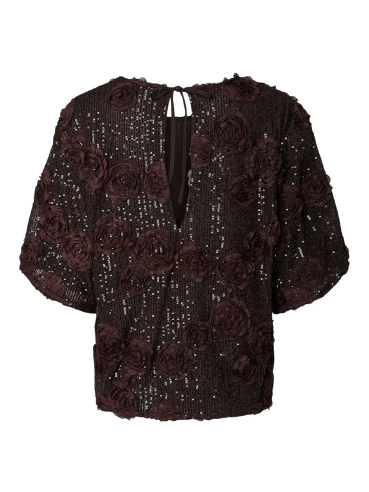 Bruine t-shirt met bloemen en pailletten Y.A.S.