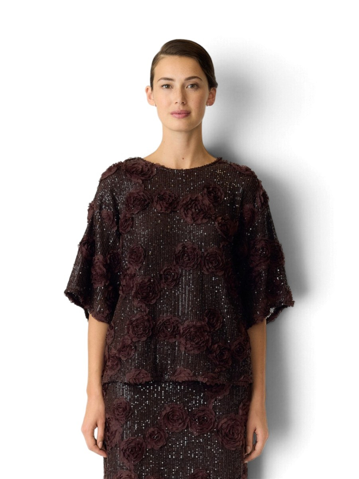 Bruine t-shirt met bloemen en pailletten Y.A.S.