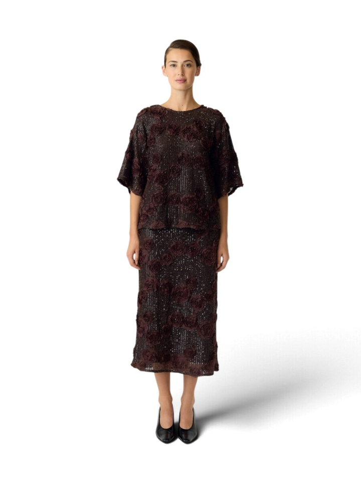 Bruine t-shirt met bloemen en pailletten Y.A.S.