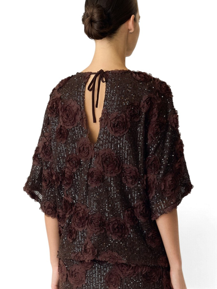 Bruine t-shirt met bloemen en pailletten Y.A.S.