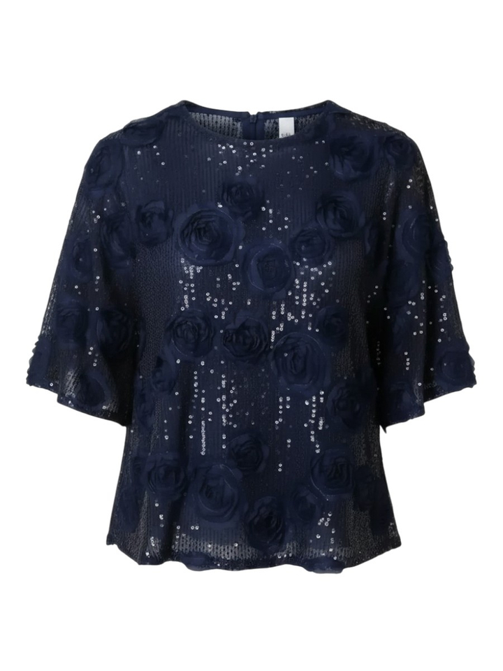 Donkerblauwe t-shirt met bloemen en pailletten Y.A.S.